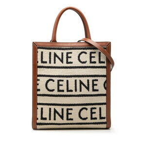 Celine Small Vertical Cabas Handbag Shoulder Bag 2-Way Beige Brown Cotton Can...